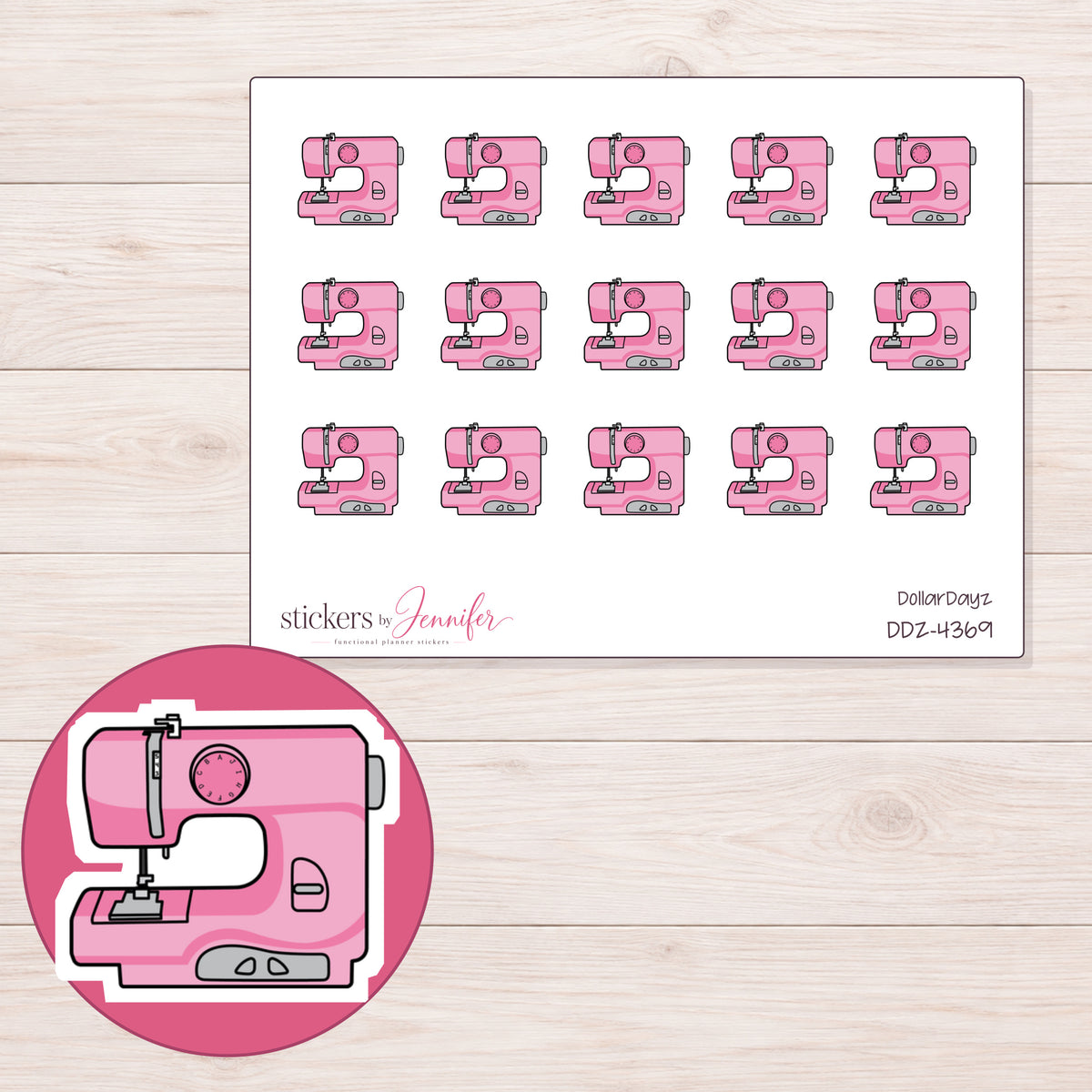 Pink Sewing Machine Planner Stickers | DDZ-4369 — 4 × 3 inch sheet and enlarged sticker detail