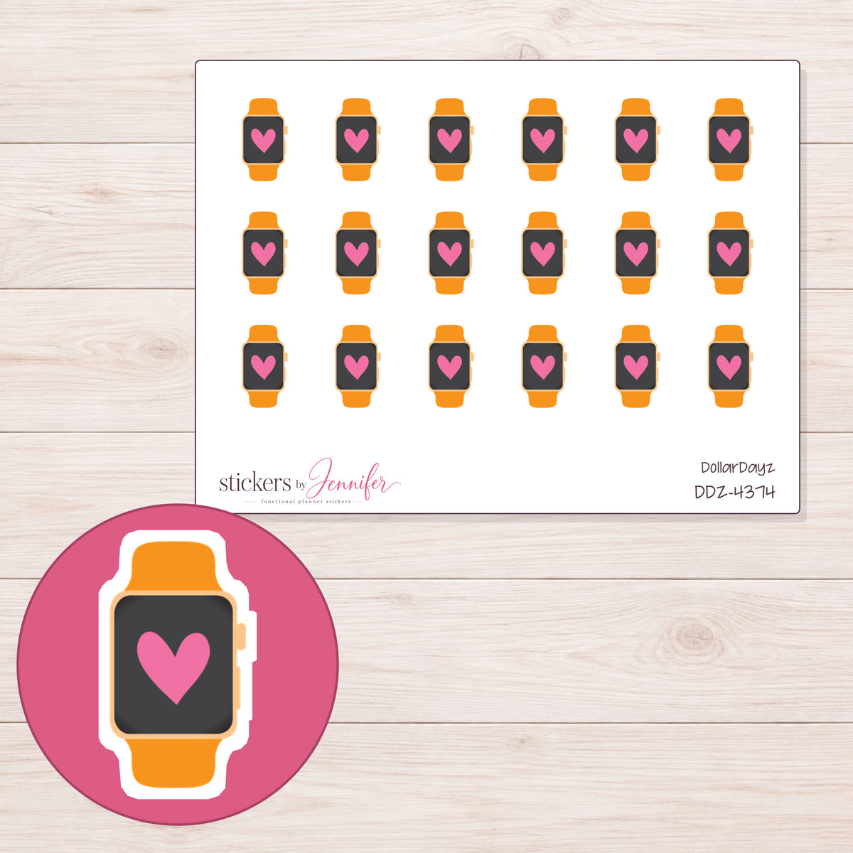 Orange Heart Smartwatch Planner Stickers | DDZ-4374 — 4 × 3 inch sheet and enlarged sticker detail