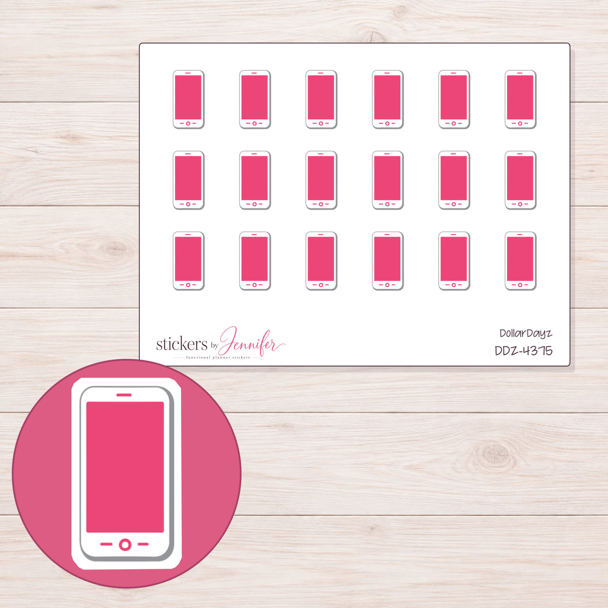 White Phone with Pink Screen Planner Stickers | DDZ-4375 — 4 × 3 inch sheet and enlarged sticker detail