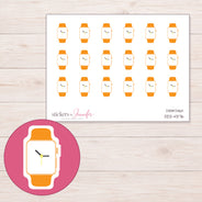 Orange Watch with White Face Planner Stickers | DDZ-4376 — 4 × 3 inch sheet and enlarged sticker detail