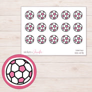 Pink Soccer Ball Planner Stickers | DDZ-4378 — 4 × 3 inch sheet and enlarged sticker detail