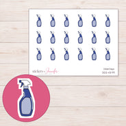 Blue Spray Bottle Planner Stickers | DDZ-4379 — 4 × 3 inch sheet and enlarged sticker detail