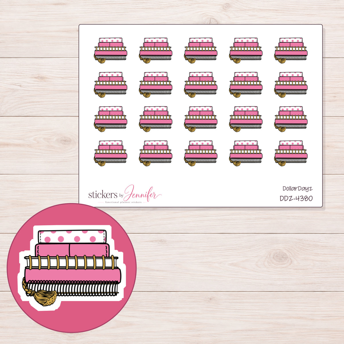 Stack of Pink Planners Planner Stickers | DDZ-4380 — 4 × 3 inch sheet and enlarged sticker detail