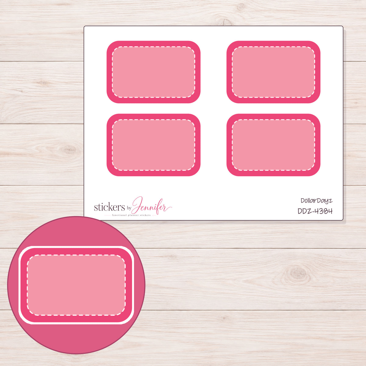 Pink Rounded Stitched Half Box Planner Stickers | DDZ-4384 — 4 × 3 inch sheet and enlarged sticker detail
