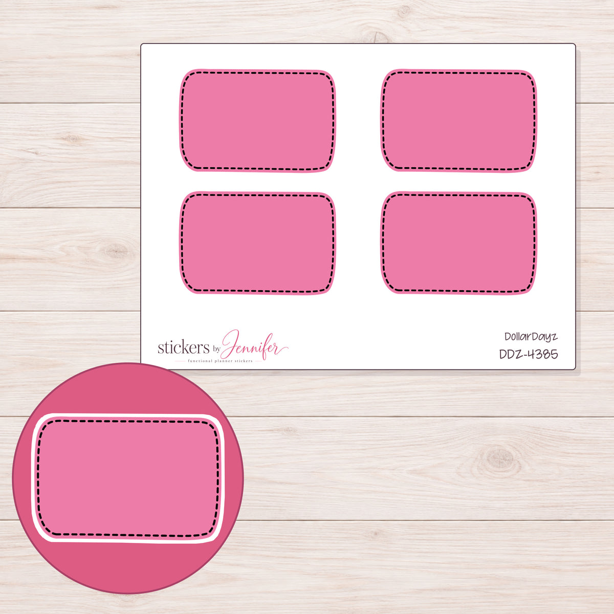 Pink Dark-Stitch Half Box Planner Stickers | DDZ-4385 — 4 × 3 inch sheet and enlarged sticker detail