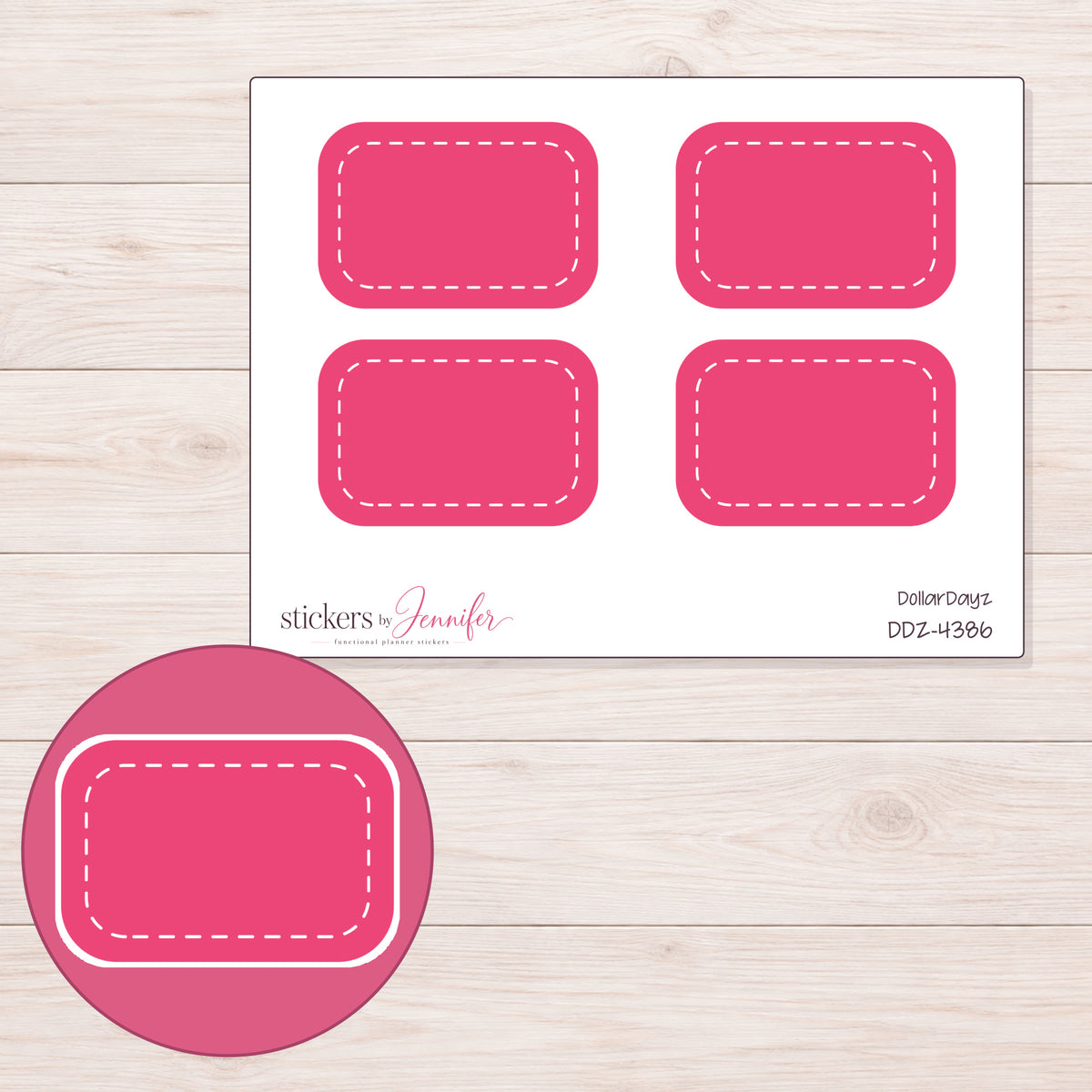 Pink White-Stitch Half Box Planner Stickers | DDZ-4386 — 4 × 3 inch sheet and enlarged sticker detail