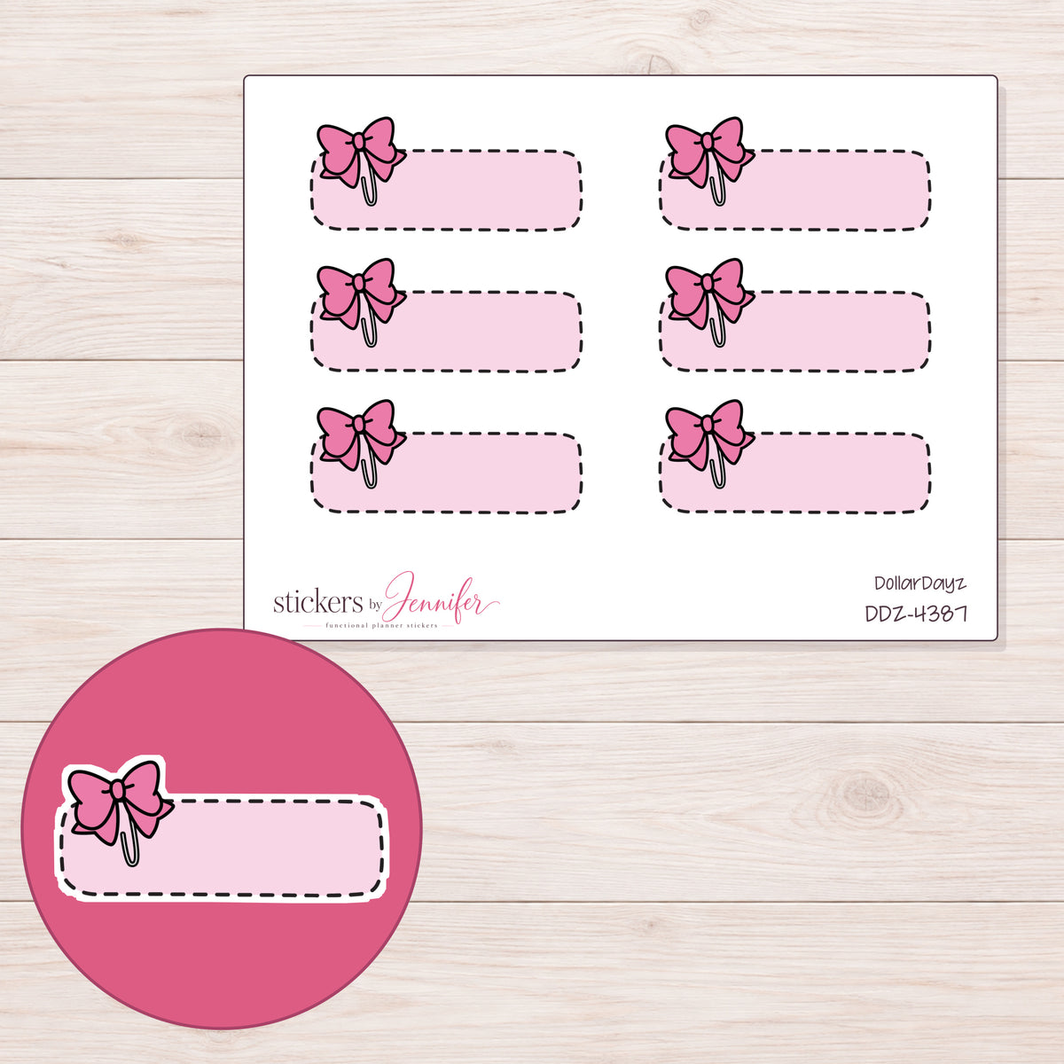 Pink Stitched Bow Quarter Box Planner Stickers | DDZ-4387 — 4 × 3 inch sheet and enlarged sticker detail