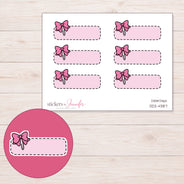 Pink Stitched Bow Quarter Box Planner Stickers | DDZ-4387 — 4 × 3 inch sheet and enlarged sticker detail