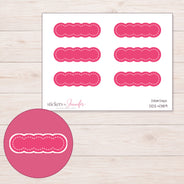 Pink Stitched Scallop Label Planner Stickers | DDZ-4389 — 4 × 3 inch sheet and enlarged sticker detail