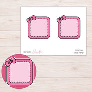 Pink Stitched Square Bow Label Planner Stickers | DDZ-4390 — 4 × 3 inch sheet and enlarged sticker detail
