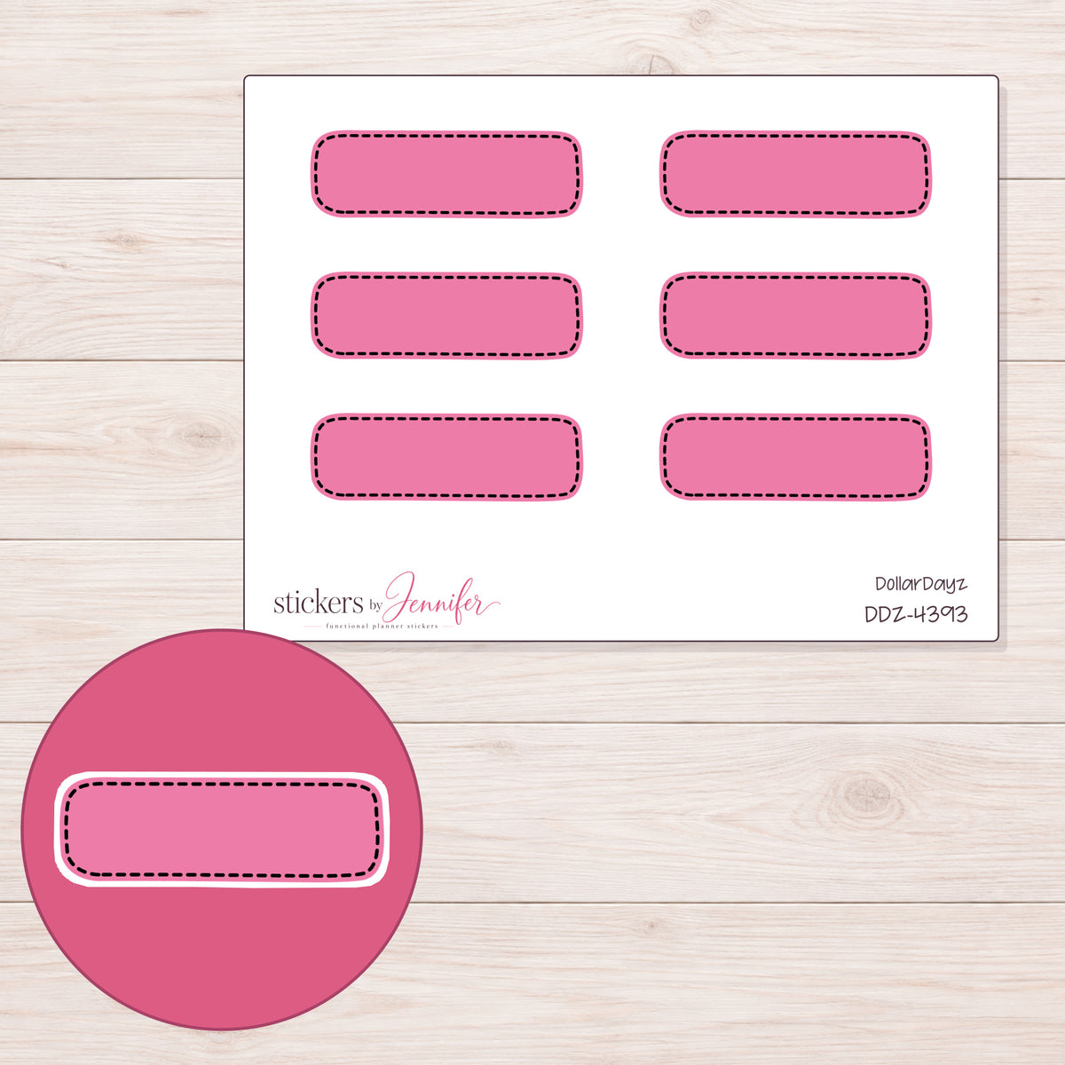 Pink Dark-Stitch Quarter Box Planner Stickers | DDZ-4393 — 4 × 3 inch sheet and enlarged sticker detail