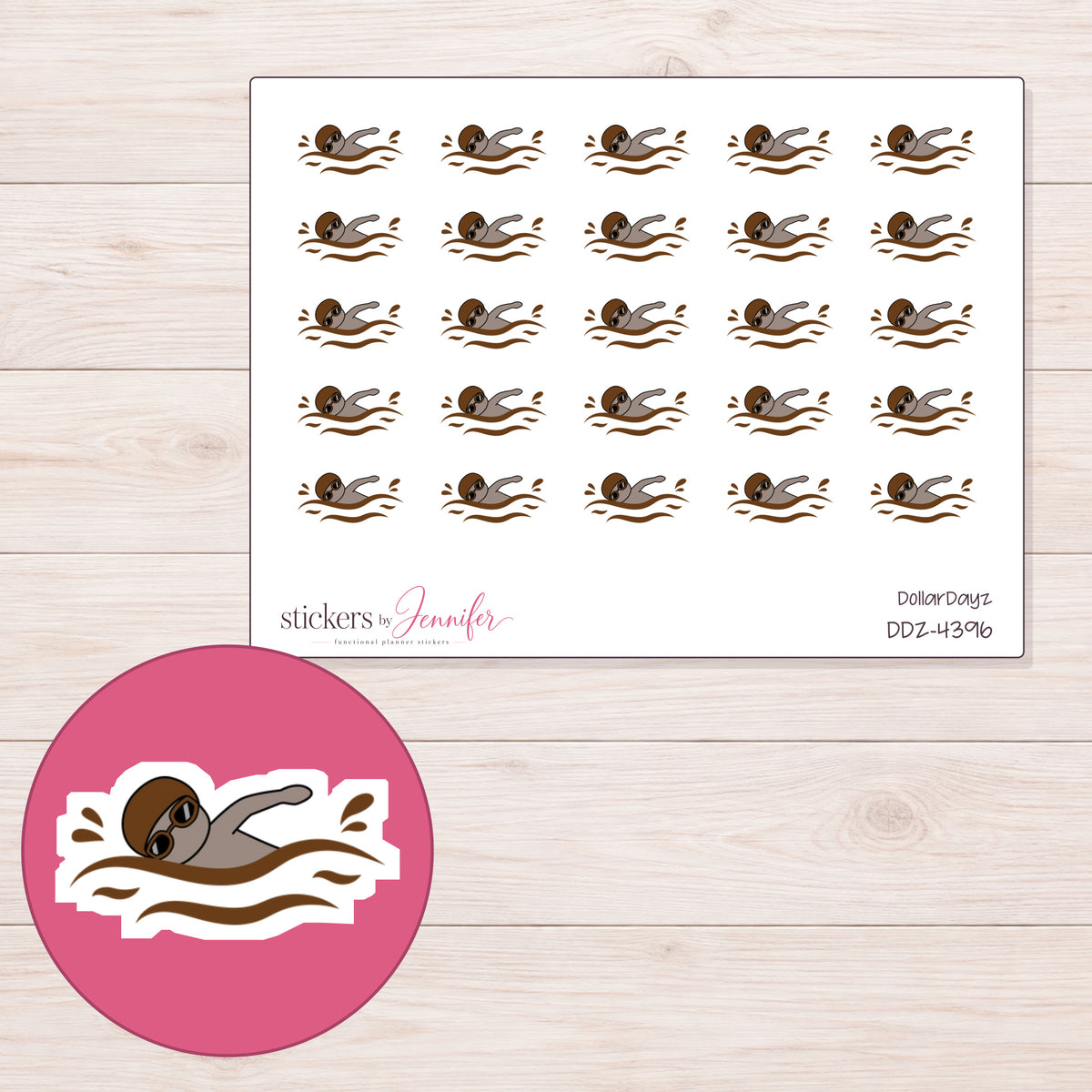 Swimmer with Brown Cap Planner Stickers | DDZ-4396 — 4 × 3 inch sheet and enlarged sticker detail