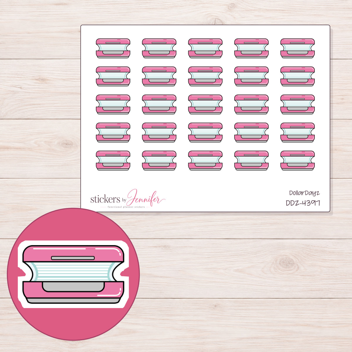Pink Tanning Bed Planner Stickers | DDZ-4397 — 4 × 3 inch sheet and enlarged sticker detail