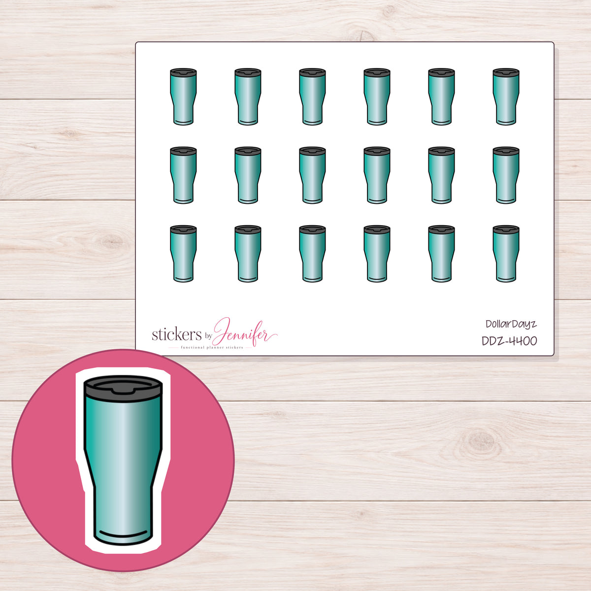 Teal Travel Tumbler Planner Stickers | DDZ-4400 — 4 × 3 inch sheet and enlarged sticker detail