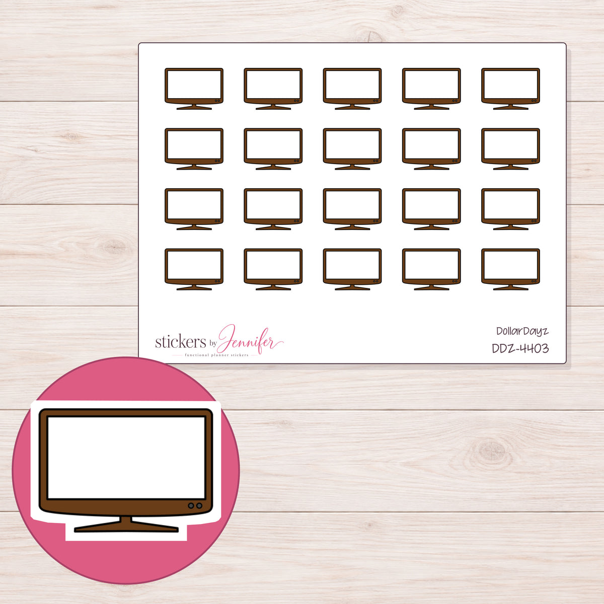 Brown Flat Screen Television Planner Stickers | DDZ-4403 — 4 × 3 inch sheet and enlarged sticker detail