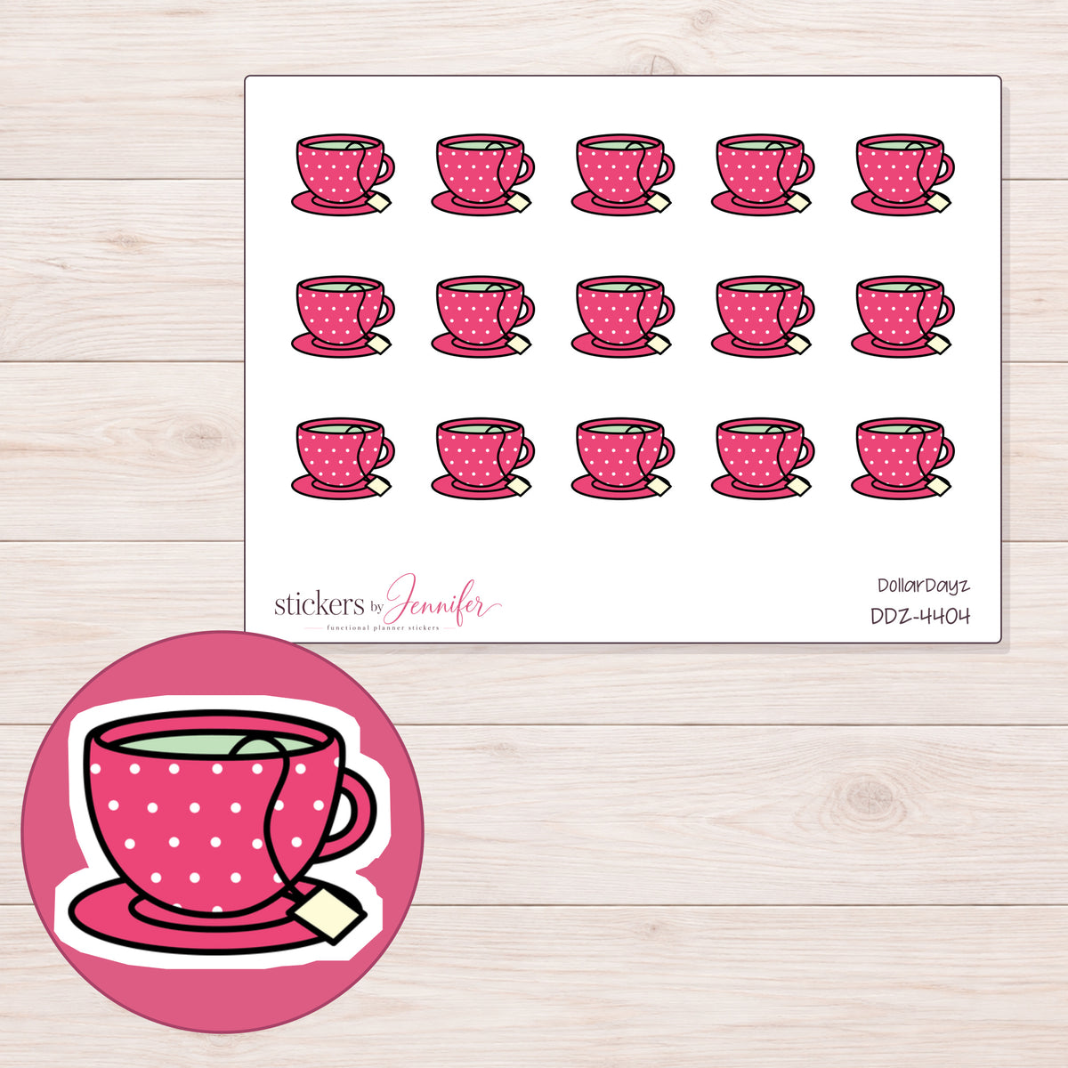 Pink Polka Dot Teacup Planner Stickers | DDZ-4404 — 4 × 3 inch sheet and enlarged sticker detail
