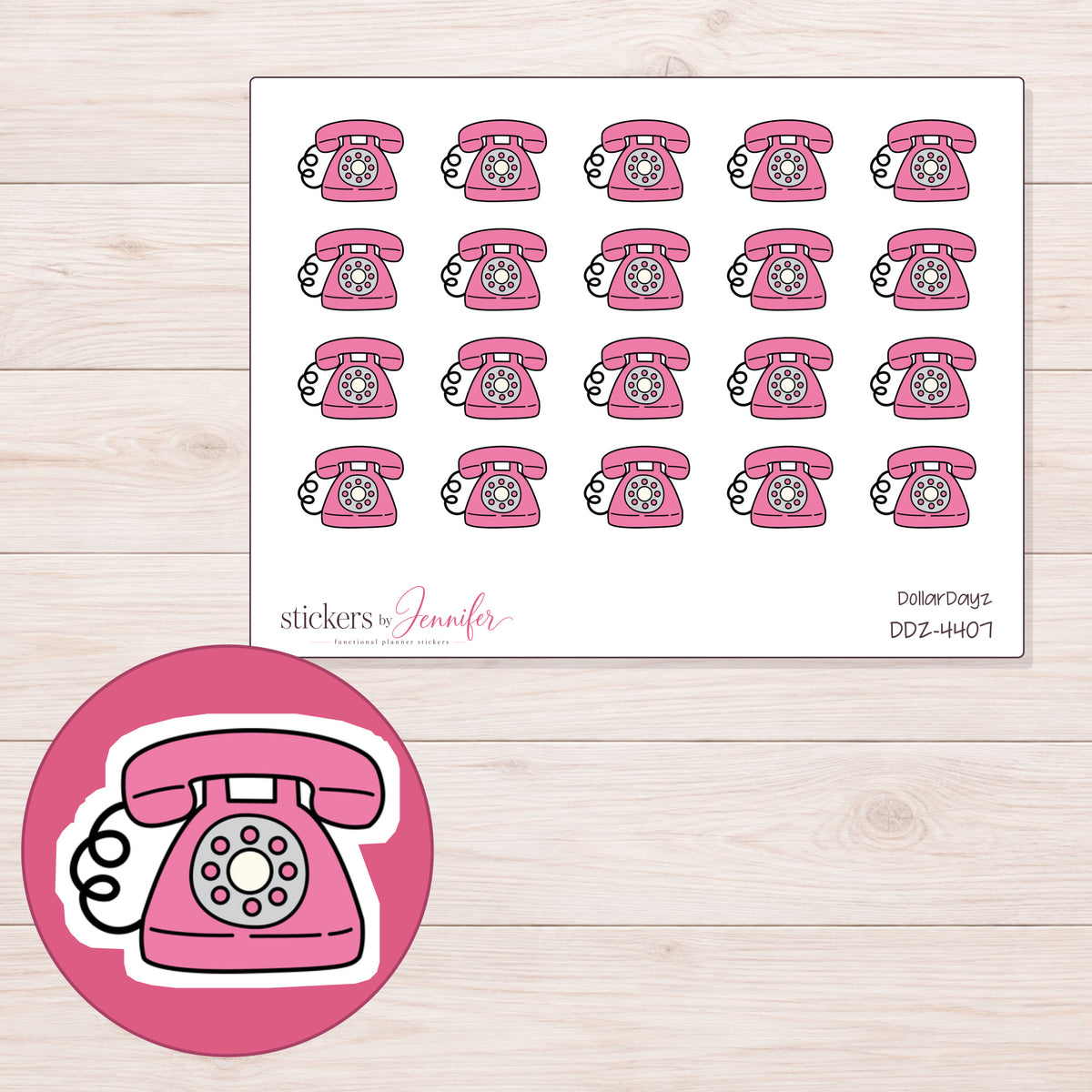 Pink Rotary Telephone Planner Stickers | DDZ-4407 — 4 × 3 inch sheet and enlarged sticker detail