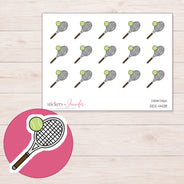 Tennis Racket and Green Ball Planner Stickers | DDZ-4408 — 4 × 3 inch sheet and enlarged sticker detail