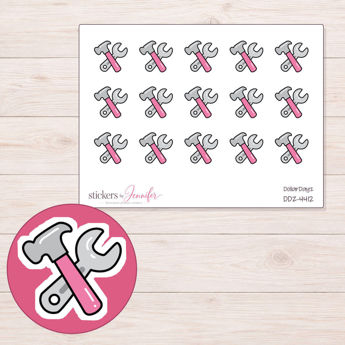 Pink Hammer and Wrench Planner Stickers | DDZ-4412 — 4 × 3 inch sheet and enlarged sticker detail