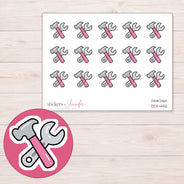 Pink Hammer and Wrench Planner Stickers | DDZ-4412 — 4 × 3 inch sheet and enlarged sticker detail