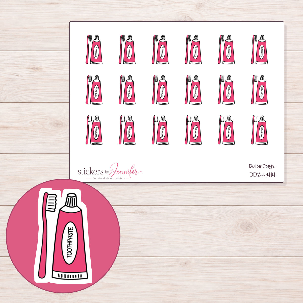 Pink Toothpaste and Brush Planner Stickers | DDZ-4414 — 4 × 3 inch sheet and enlarged sticker detail