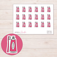 Pink Toothpaste and Brush Planner Stickers | DDZ-4414 — 4 × 3 inch sheet and enlarged sticker detail