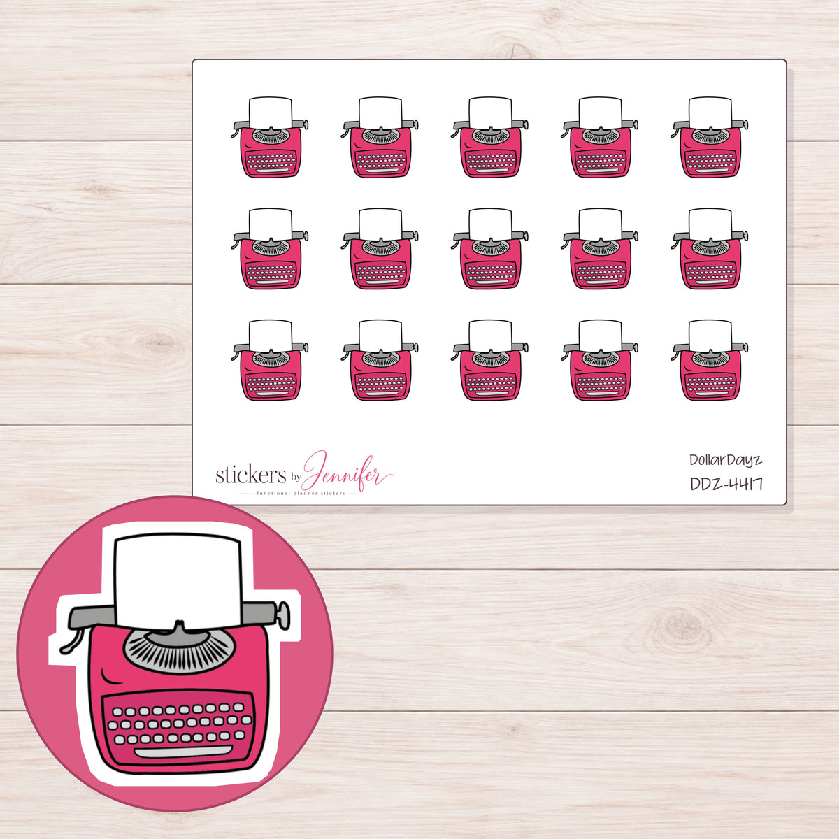 Pink Typewriter Planner Stickers | DDZ-4417 — 4 × 3 inch sheet and enlarged sticker detail