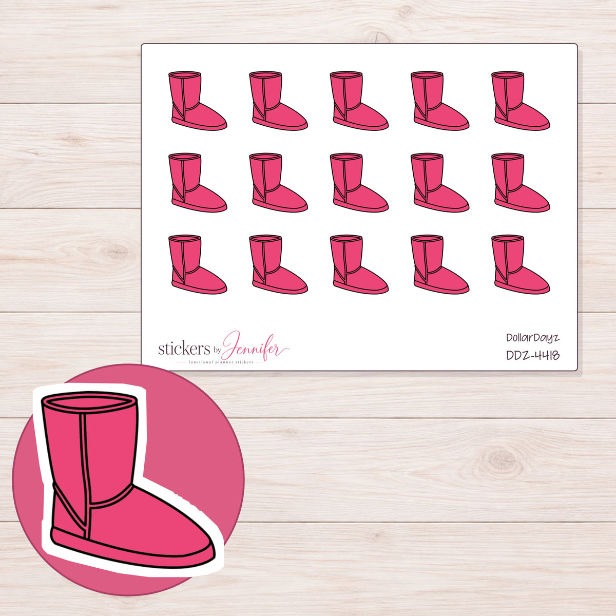 Pink Cozy Boot Planner Stickers | DDZ-4418 — 4 × 3 inch sheet and enlarged sticker detail