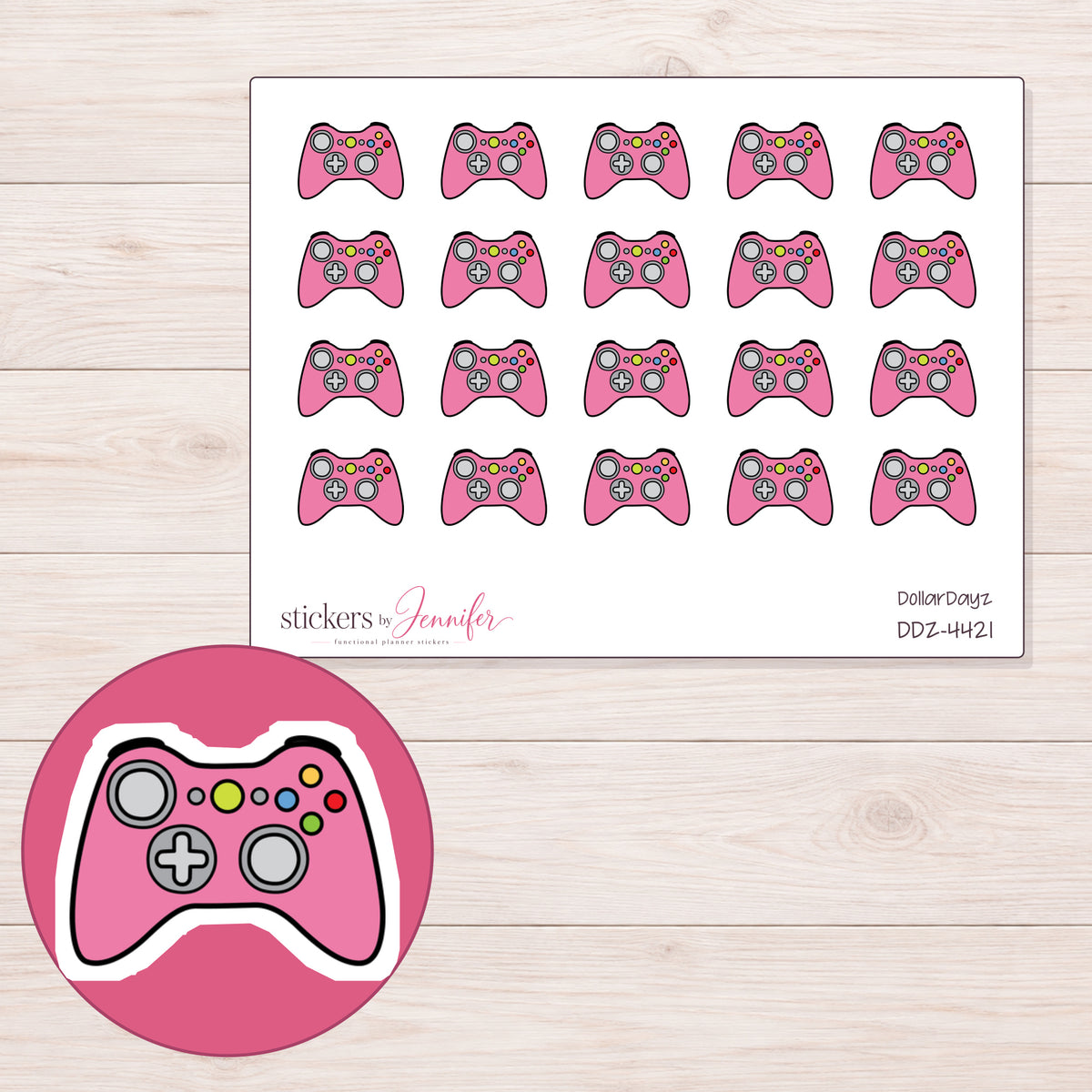 Pink Color Button Game Controller Planner Stickers | DDZ-4421 — 4 × 3 inch sheet and enlarged sticker detail