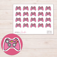 Pink Color Button Game Controller Planner Stickers | DDZ-4421 — 4 × 3 inch sheet and enlarged sticker detail