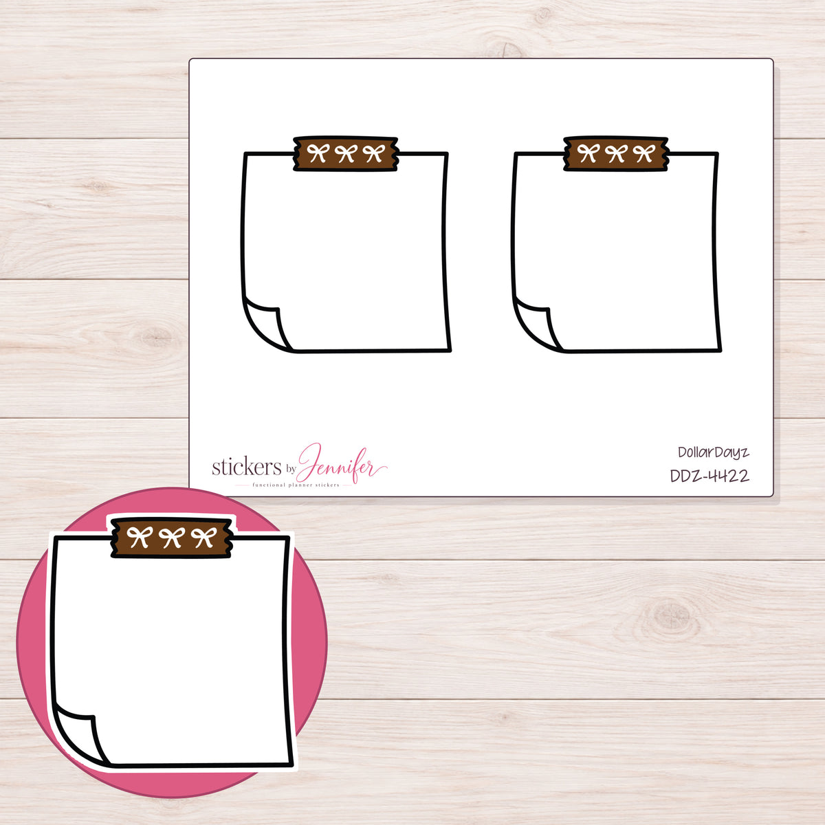 Brown Bow-Tape Note Planner Stickers | DDZ-4422 — 4 × 3 inch sheet and enlarged sticker detail