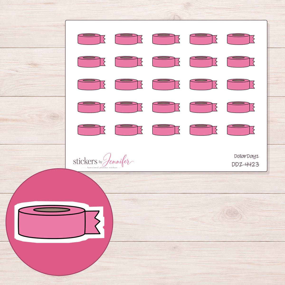 Pink Washi Roll with Loose End Planner Stickers | DDZ-4423 — 4 × 3 inch sheet and enlarged sticker detail
