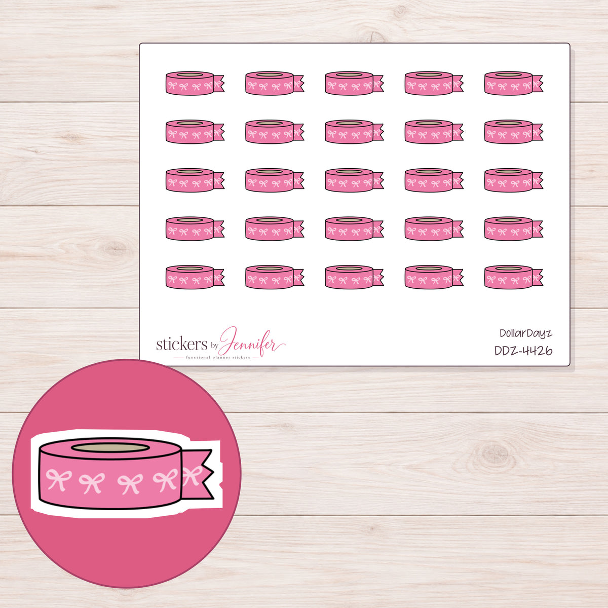 Pink Bow Washi Roll with Loose End Planner Stickers | DDZ-4426 — 4 × 3 inch sheet and enlarged sticker detail