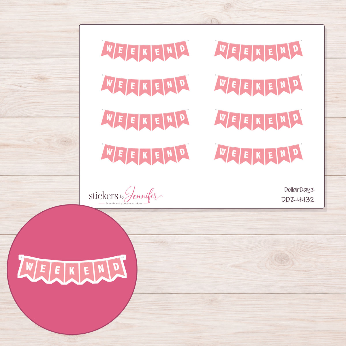 Pink Weekend Pennant Banner Planner Stickers | DDZ-4432 — 4 × 3 inch sheet and enlarged sticker detail