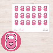 Pink Heart Kettlebell Planner Stickers | DDZ-4433 — 4 × 3 inch sheet and enlarged sticker detail