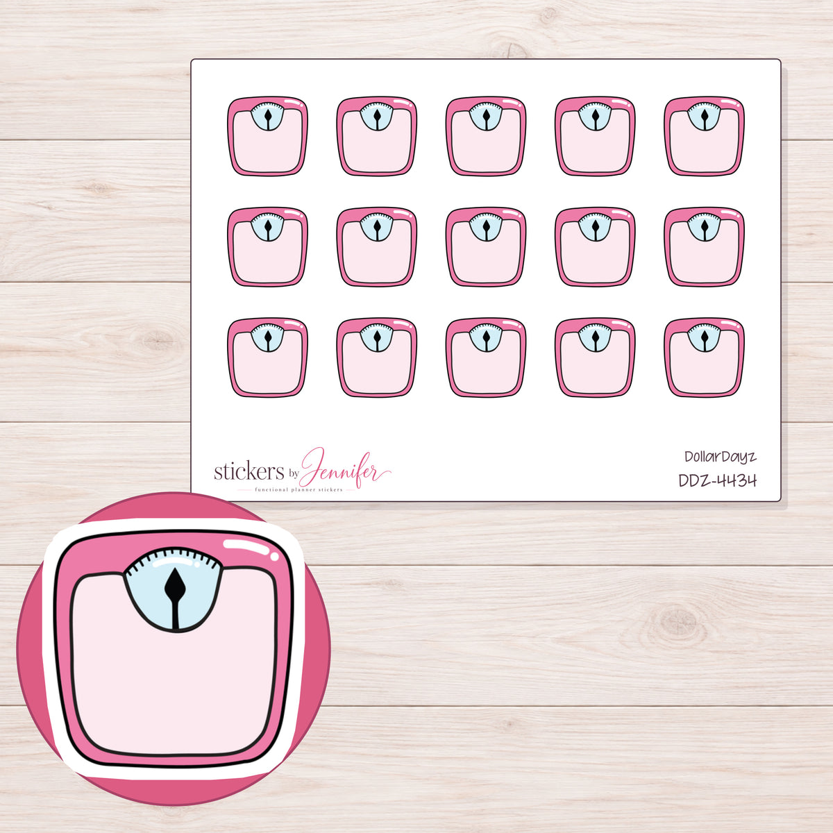 Pink Bathroom Scale Planner Stickers | DDZ-4434 — 4 × 3 inch sheet and enlarged sticker detail