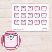 Pink Bathroom Scale Planner Stickers | DDZ-4434 — 4 × 3 inch sheet and enlarged sticker detail