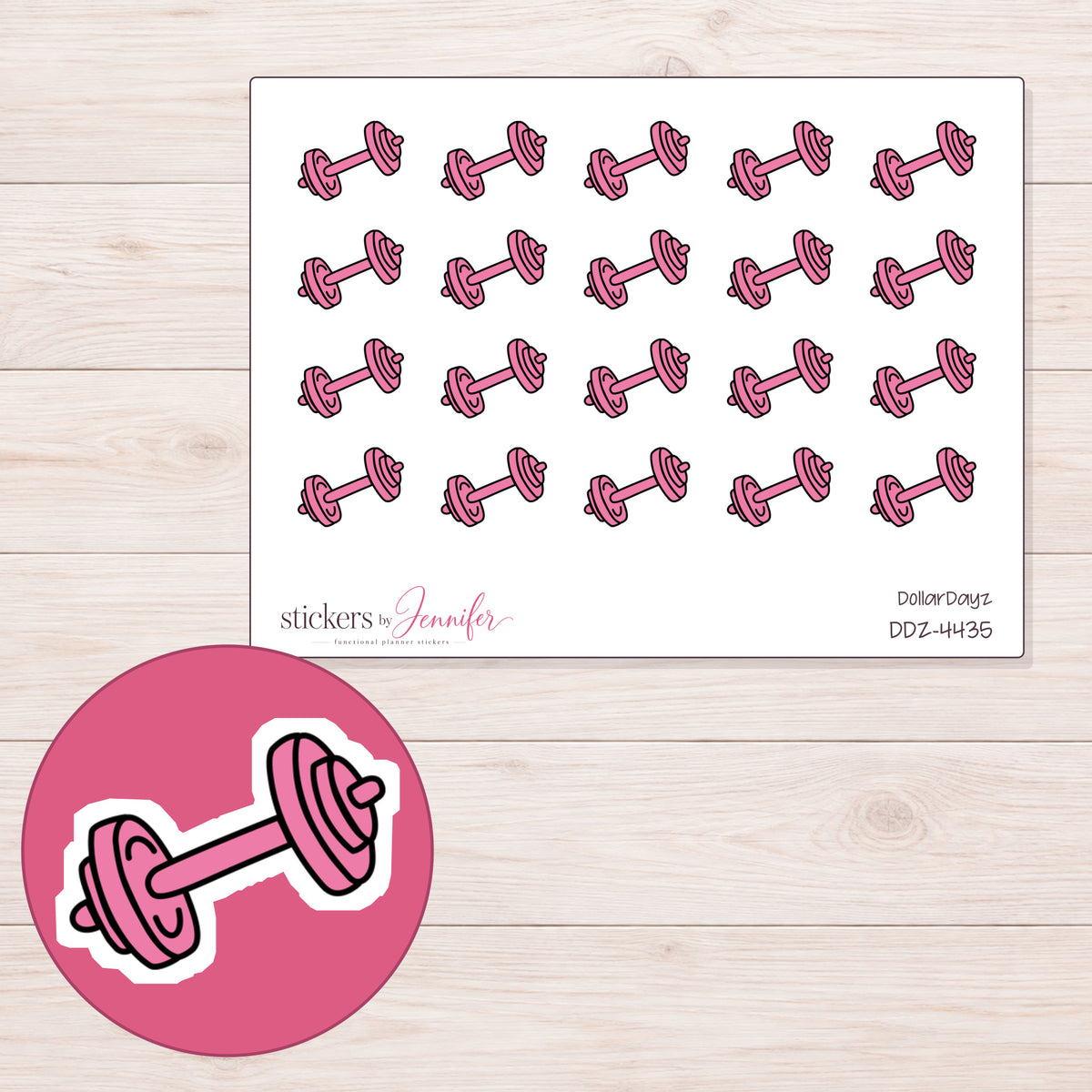 Pink Dumbbell Planner Stickers | DDZ-4435 — 4 × 3 inch sheet and enlarged sticker detail