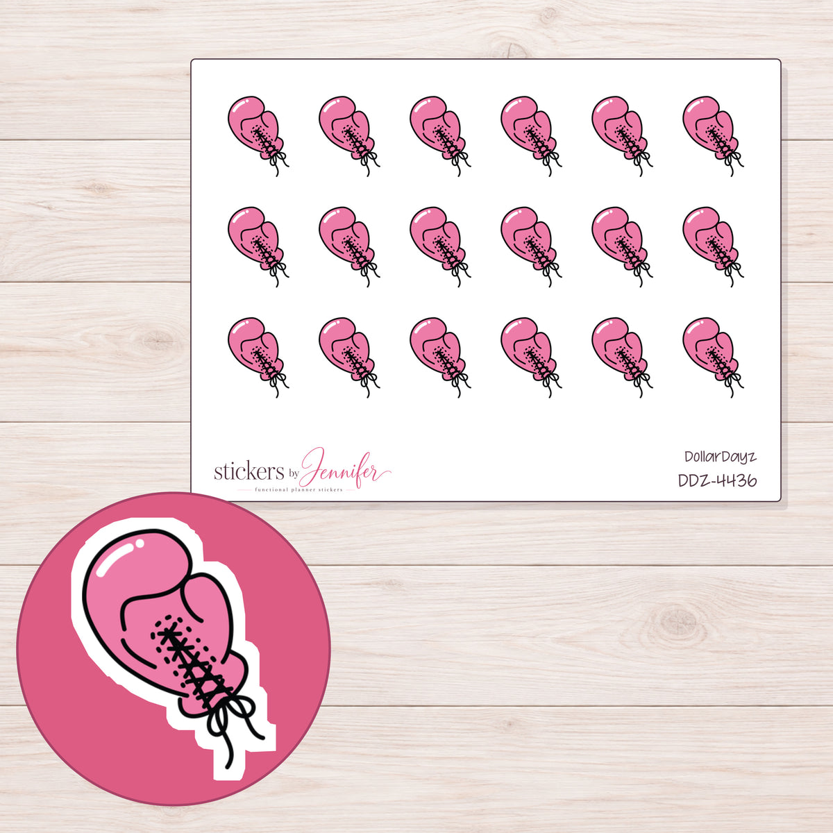 Pink Boxing Glove Planner Stickers | DDZ-4436 — 4 × 3 inch sheet and enlarged sticker detail