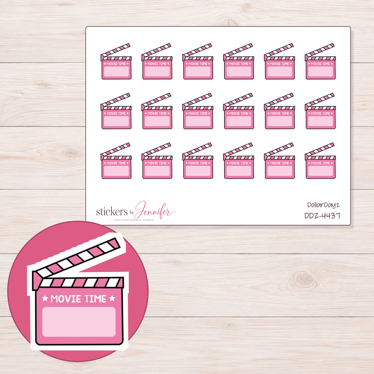Pink Movie Time Clapperboard Planner Stickers | DDZ-4437 — 4 × 3 inch sheet and enlarged sticker detail