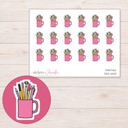 Pink Pencil Cup Planner Stickers | DDZ-4440 — 4 × 3 inch sheet and enlarged sticker detail