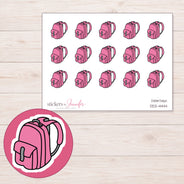 Pink School Backpack Planner Stickers | DDZ-4444 — 4 × 3 inch sheet and enlarged sticker detail