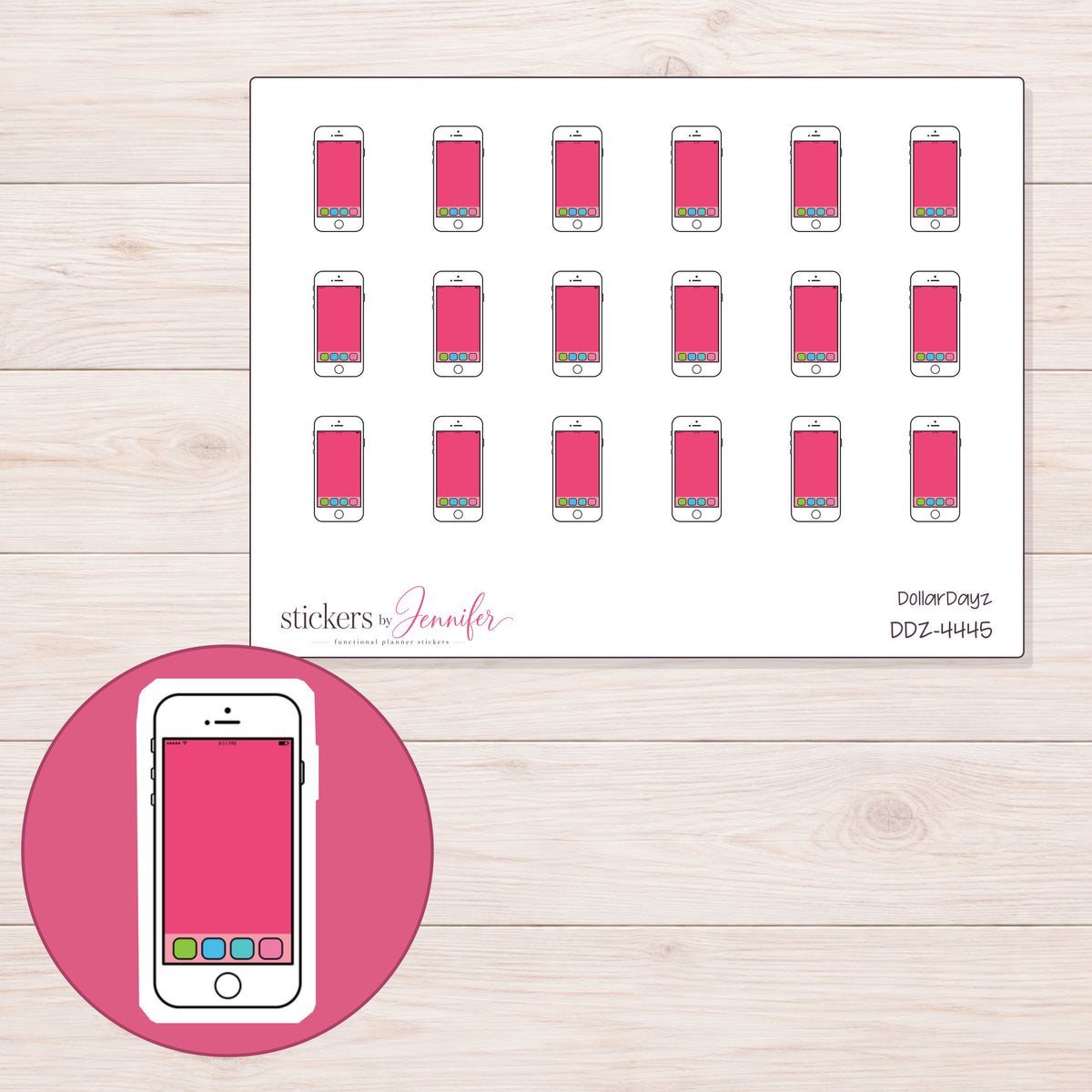 Pink Screen Smartphone with App Icons Planner Stickers | DDZ-4445 — 4 × 3 inch sheet and enlarged sticker detail