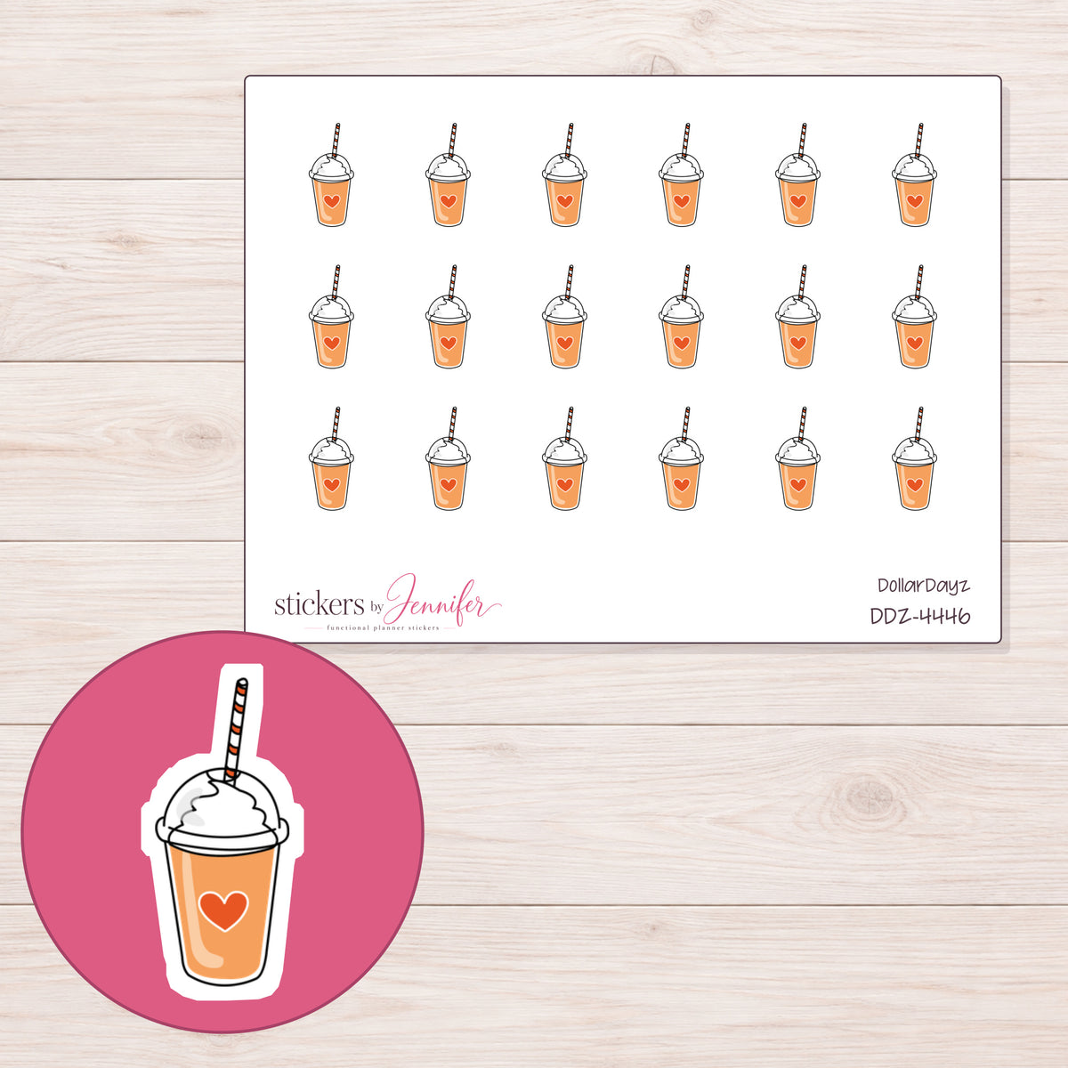 Orange Heart Smoothie Planner Stickers | DDZ-4446 — 4 × 3 inch sheet and enlarged sticker detail