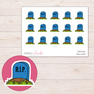 Blue RIP Gravestone Planner Stickers | DDZ-4449 — 4 × 3 inch sheet and enlarged sticker detail