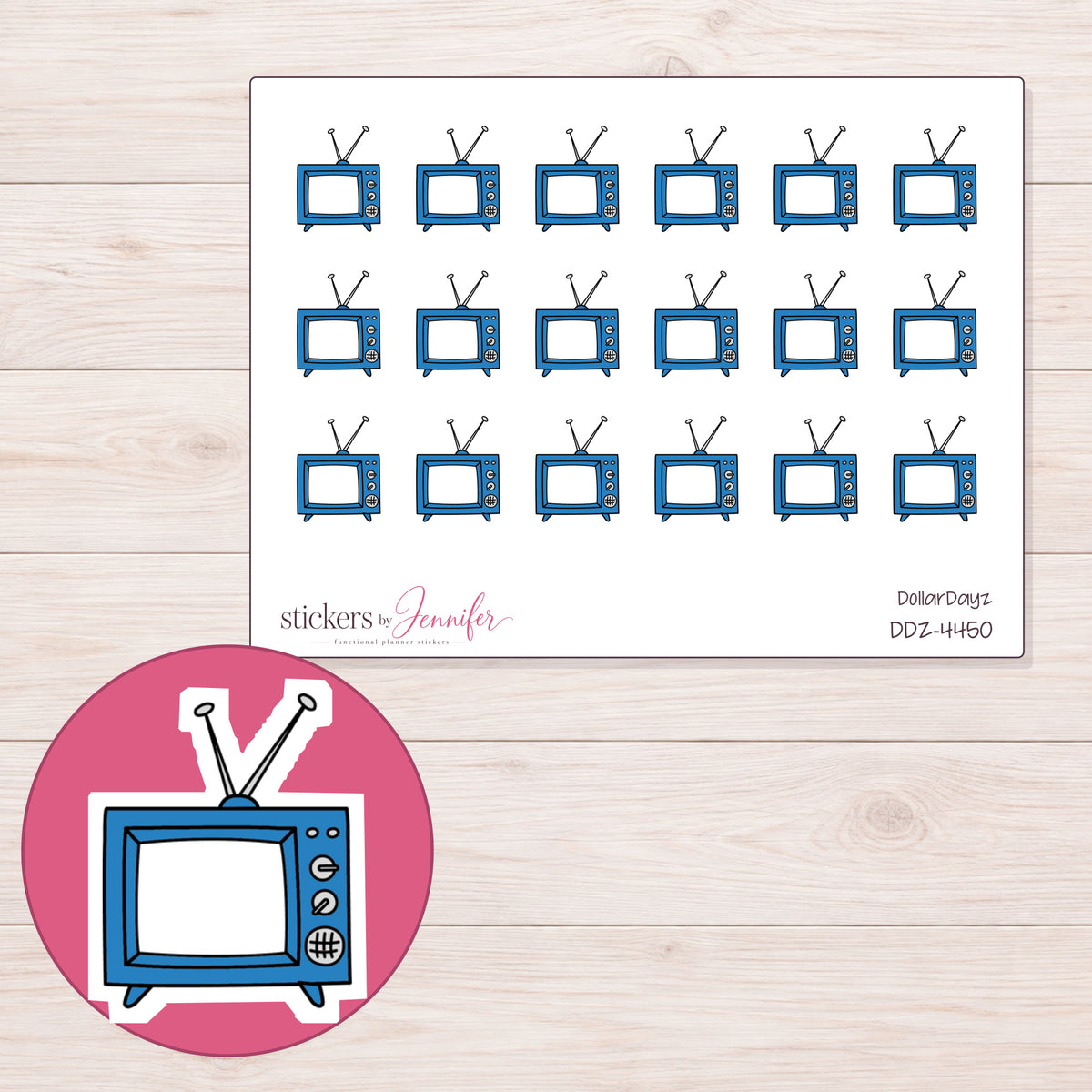 Blue Retro Television Planner Stickers | DDZ-4450 — 4 × 3 inch sheet and enlarged sticker detail