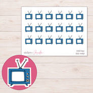 Blue Retro Television Planner Stickers | DDZ-4450 — 4 × 3 inch sheet and enlarged sticker detail