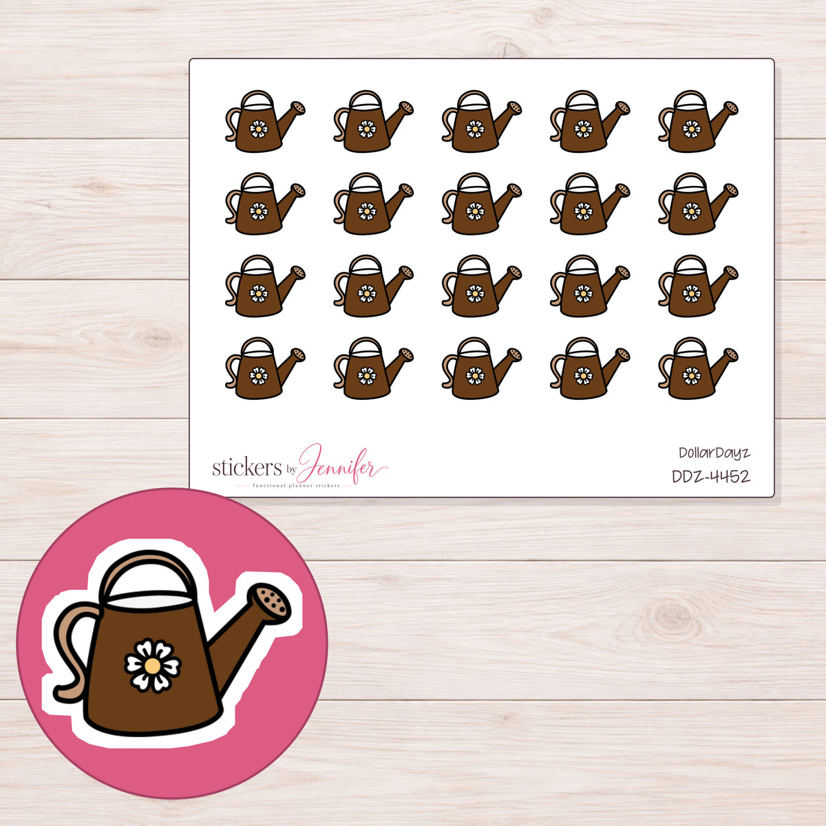 Brown Flower Watering Can Planner Stickers | DDZ-4452 — 4 × 3 inch sheet and enlarged sticker detail