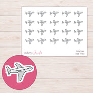 Gray Doodle Airplane Planner Stickers | DDZ-4453 — 4 × 3 inch sheet and enlarged sticker detail