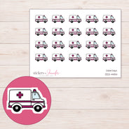 Magenta Accent Ambulance Planner Stickers | DDZ-4454 — 4 × 3 inch sheet and enlarged sticker detail